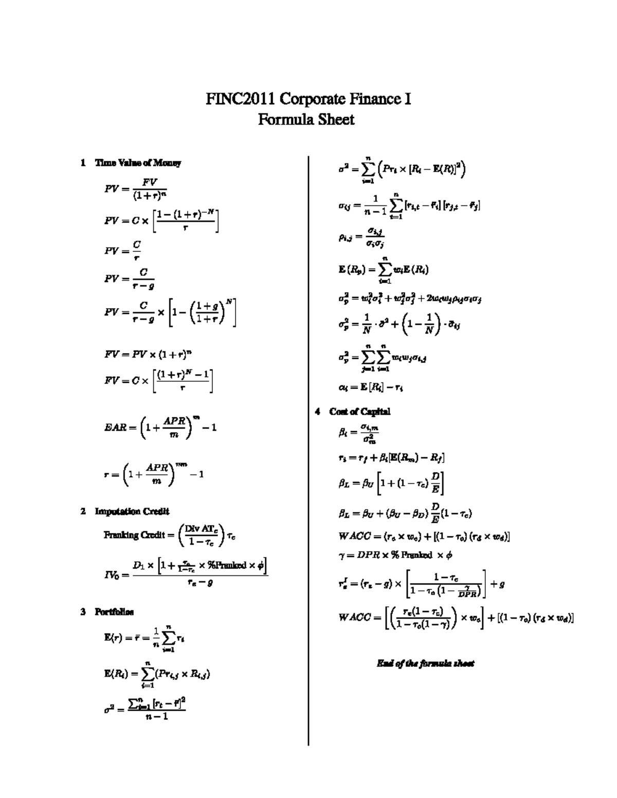 FINC2011 Formula Sheet - FINC2011 - FINC2011 Corporate Finance I ...