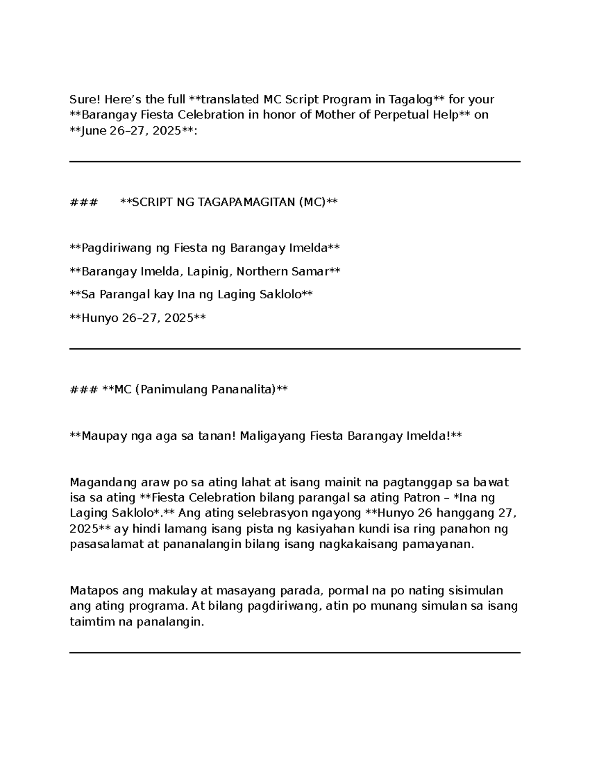 MC Script for Fiesta Celebration - Barangay Imelda - Studocu