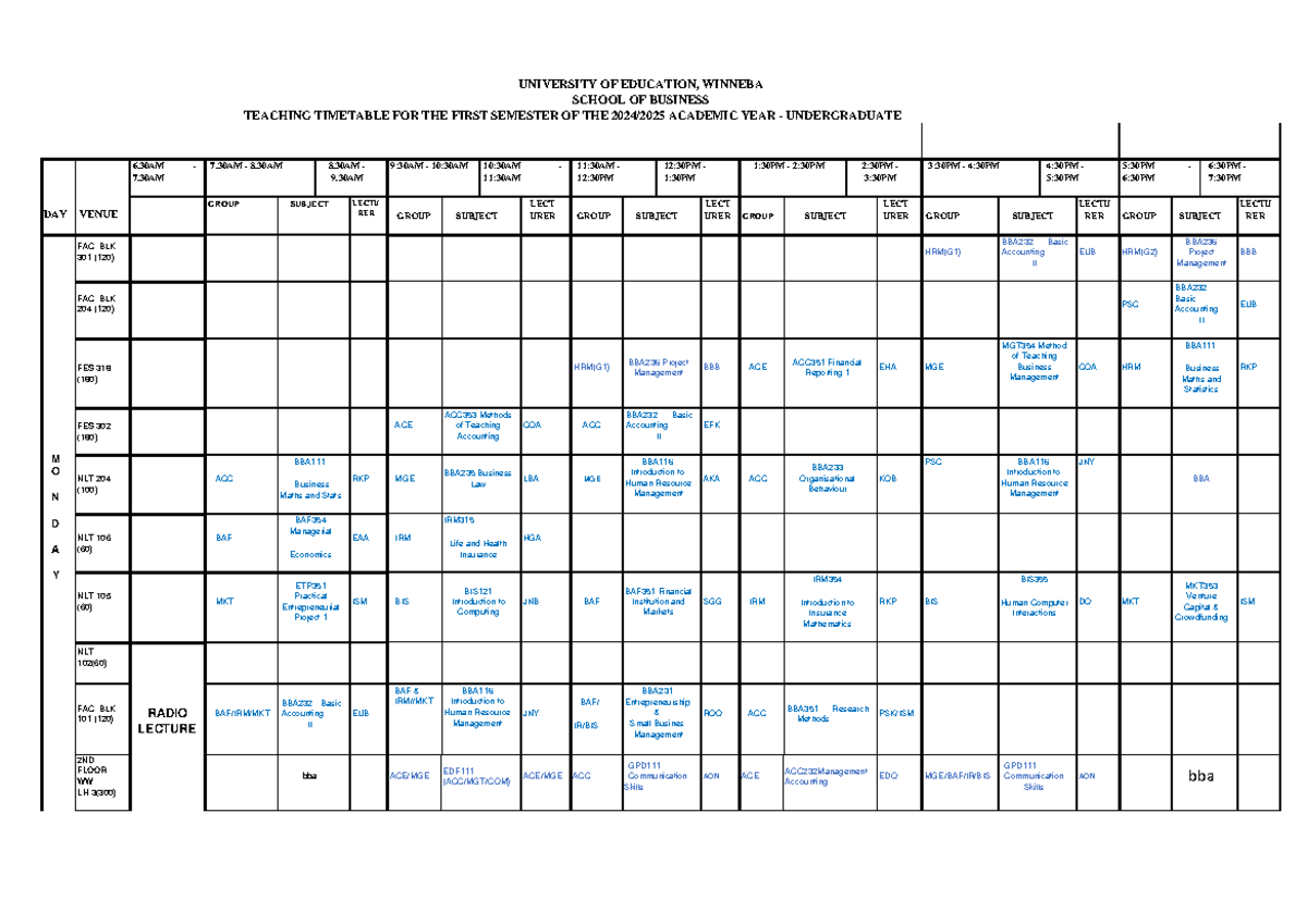 First Semester 2024 2025 Teaching Timetable-1 - UNIVERSITY OF EDUCATION ...