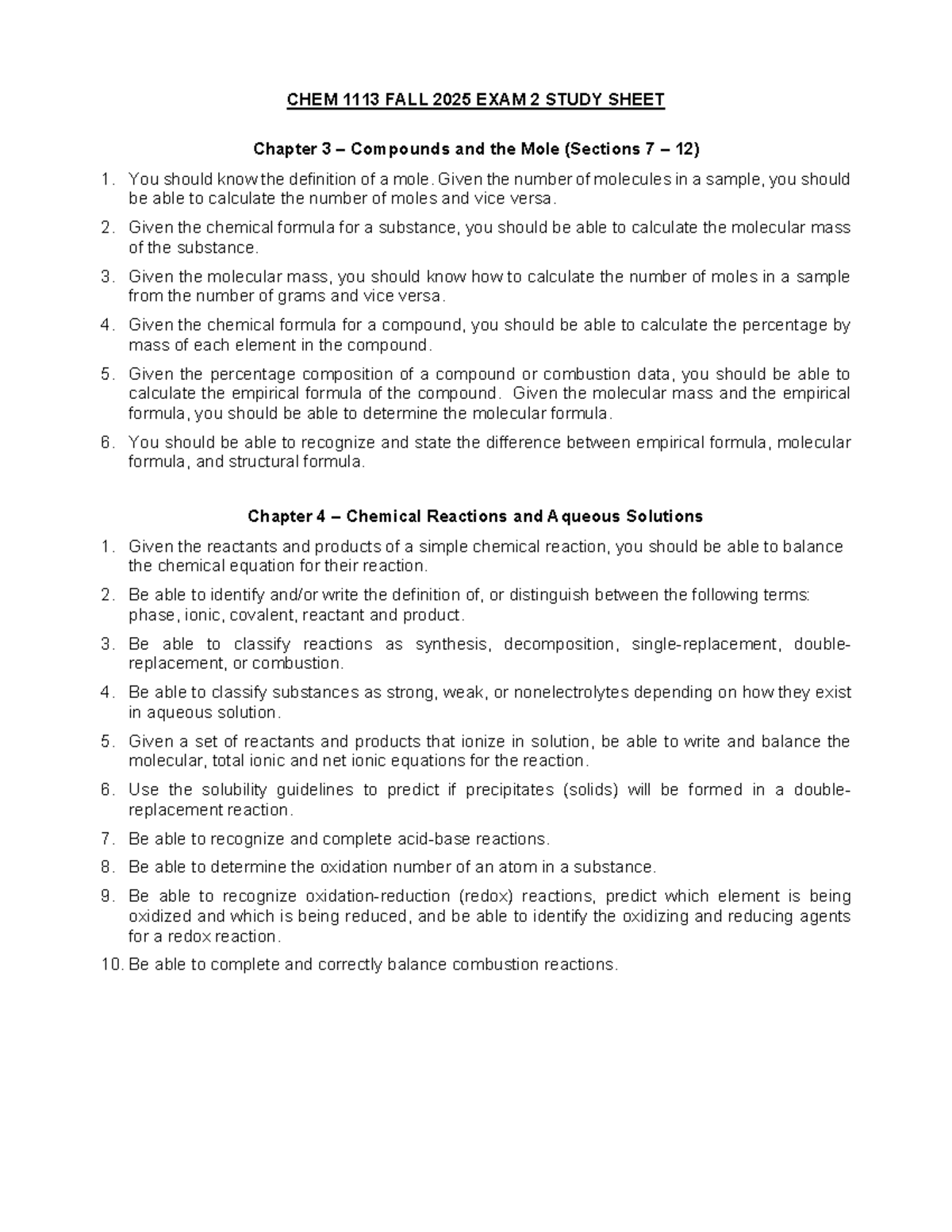 CHEM 1113 FALL 2025 EXAM 2 STUDY SHEET: Key Concepts Chapters 3-6 - Studocu