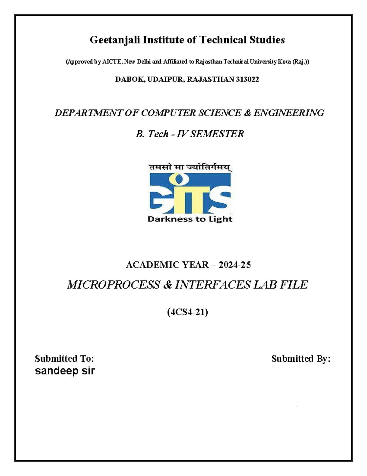 Microprocessor Interfaces Lab File - B.Tech IV Sem (23EGICS162) - Studocu