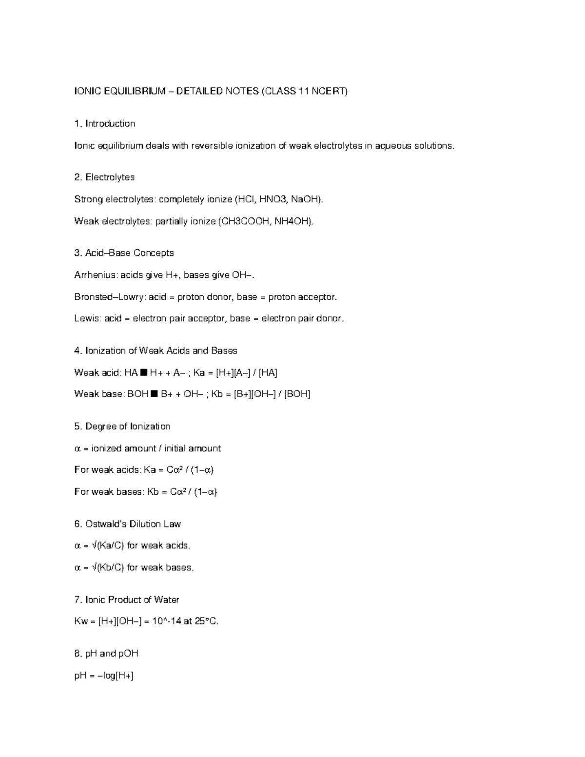 Ionic Equilibrium Notes (Class 11 NCERT) - Comprehensive Guide - Studocu