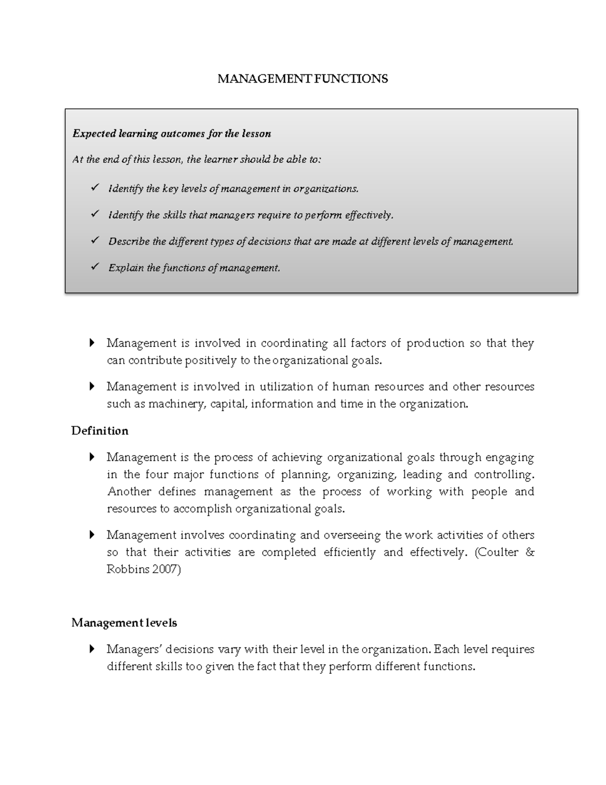 MANAGEMENT FUNCTIONS (MGMT 101) - Comprehensive Lesson Notes - Studocu