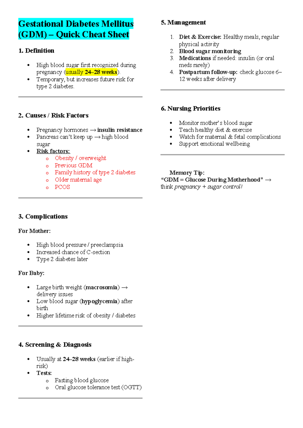 Gestational Diabetes Mellitus (GDM) Study Guide and Cheat Sheet - Studocu