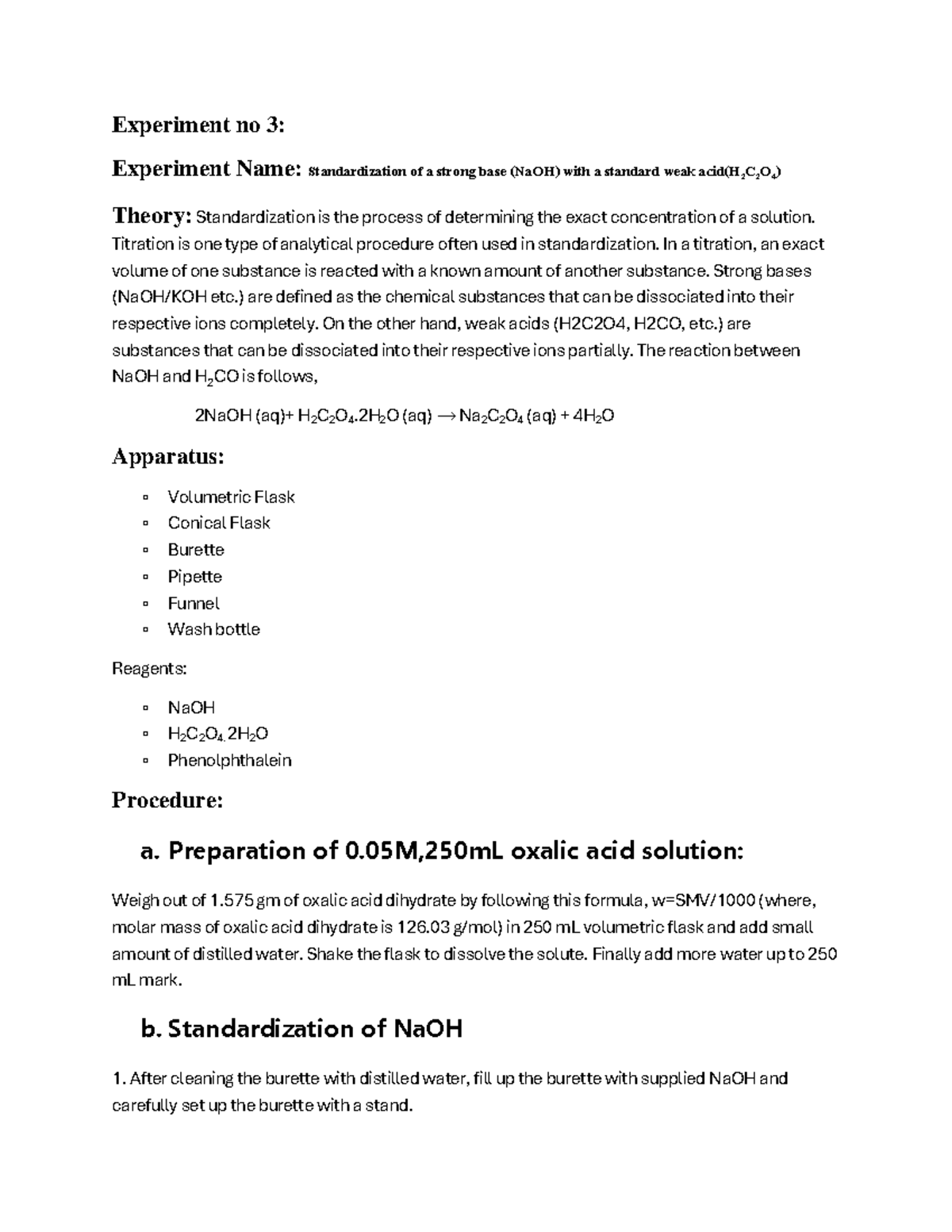 Chemistry Lab 3: Standardization of NaOH with H2C2O4 - Studocu