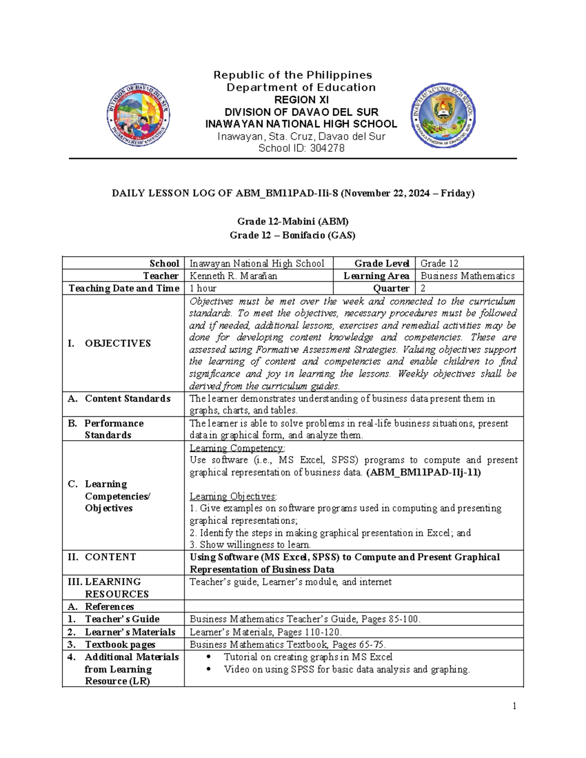 ABM_BM11PAD-IIi-8 Daily Lesson Log: Business Mathematics Q2 Nov 22 ...
