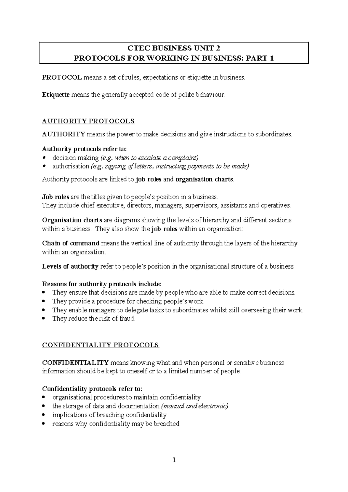 CTEC BUS UNIT 2: Protocols for Working in Business - Part 1 - Studocu