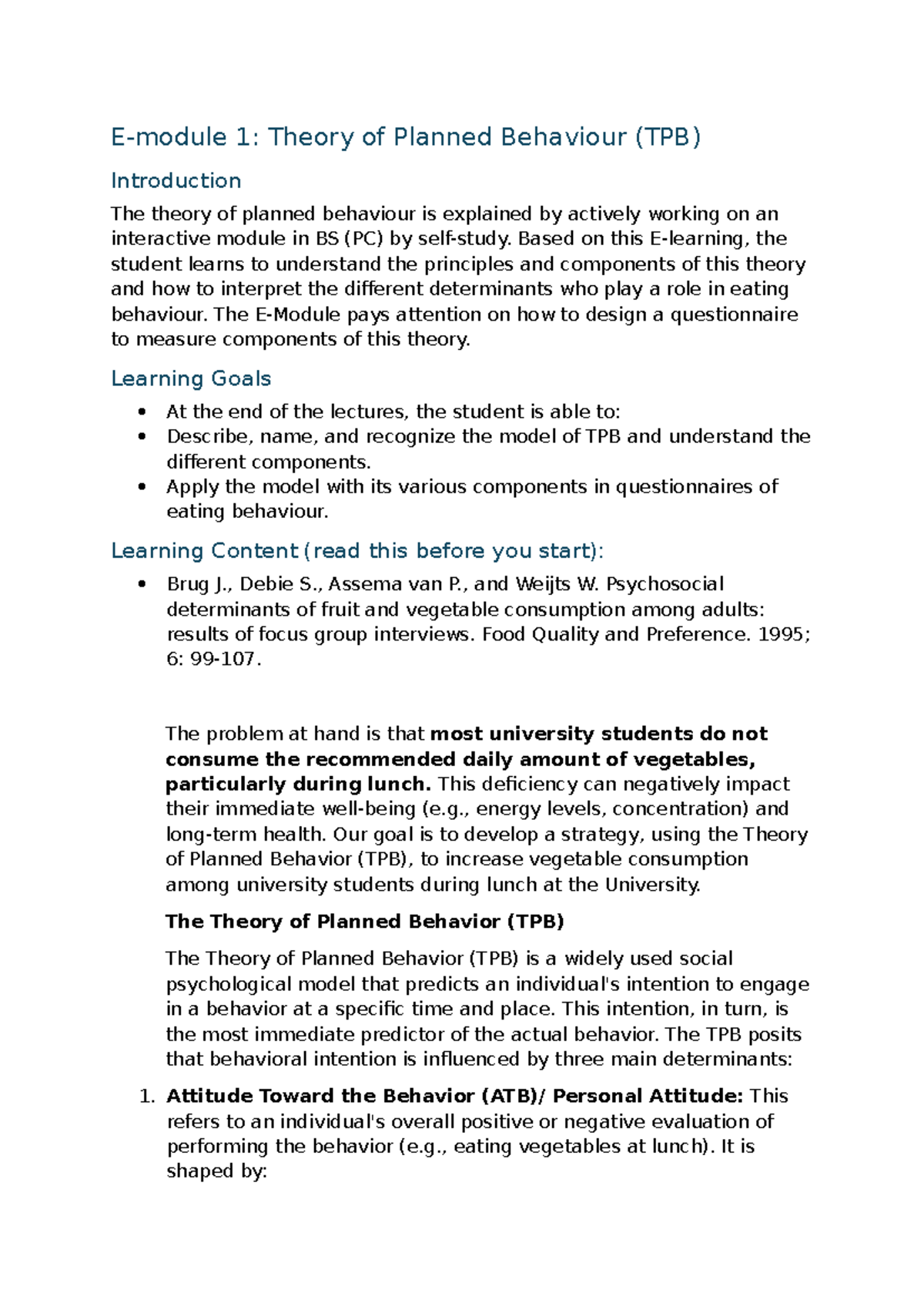 E-module - Nutrition Behaviour: Theory of Planned Behaviour (TPB ...