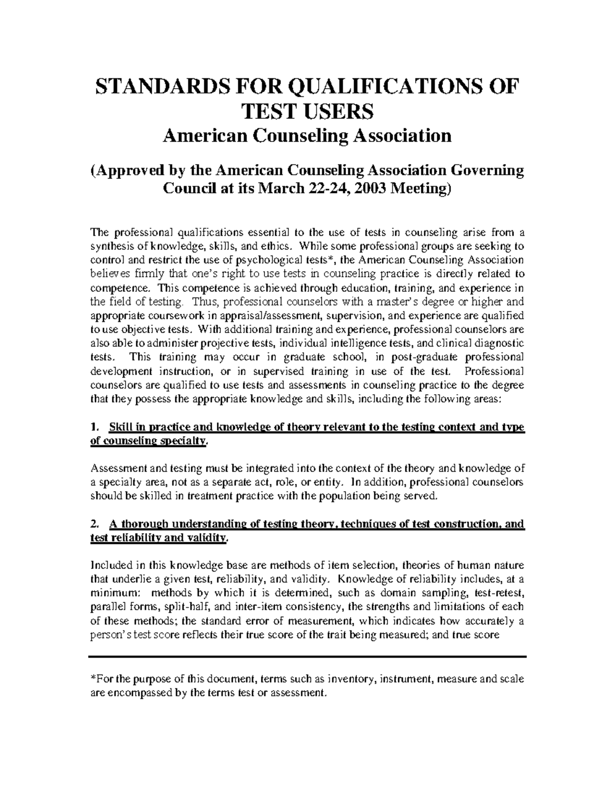 Standards for Qualifications of Test Users in Counseling - Studocu