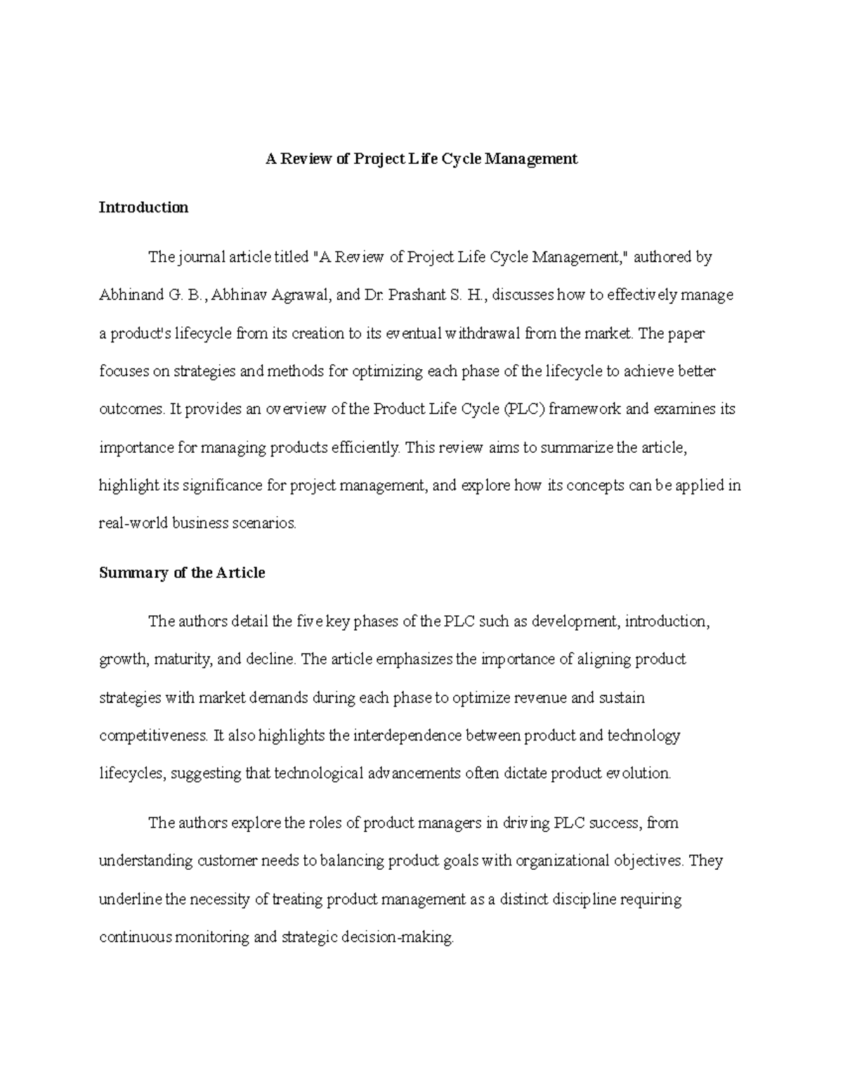Week 1 – Assignment – Review of Project Life Cycle Management - Studocu