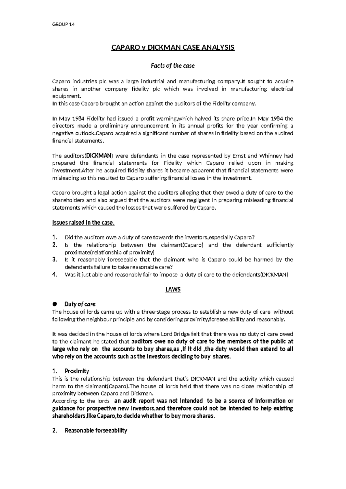 Caparo v Dickman Case Study Analysis: Examining Duty of Care - Studocu