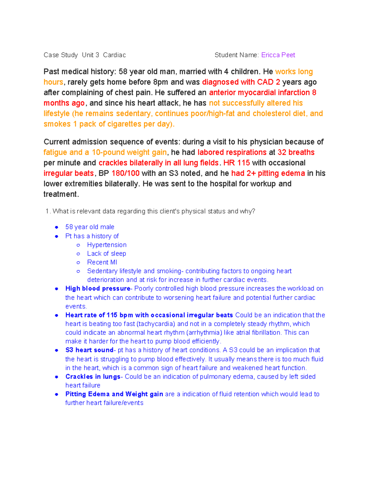 Case Study Unit 3: Cardiac Patient Analysis and Management Plan - Studocu