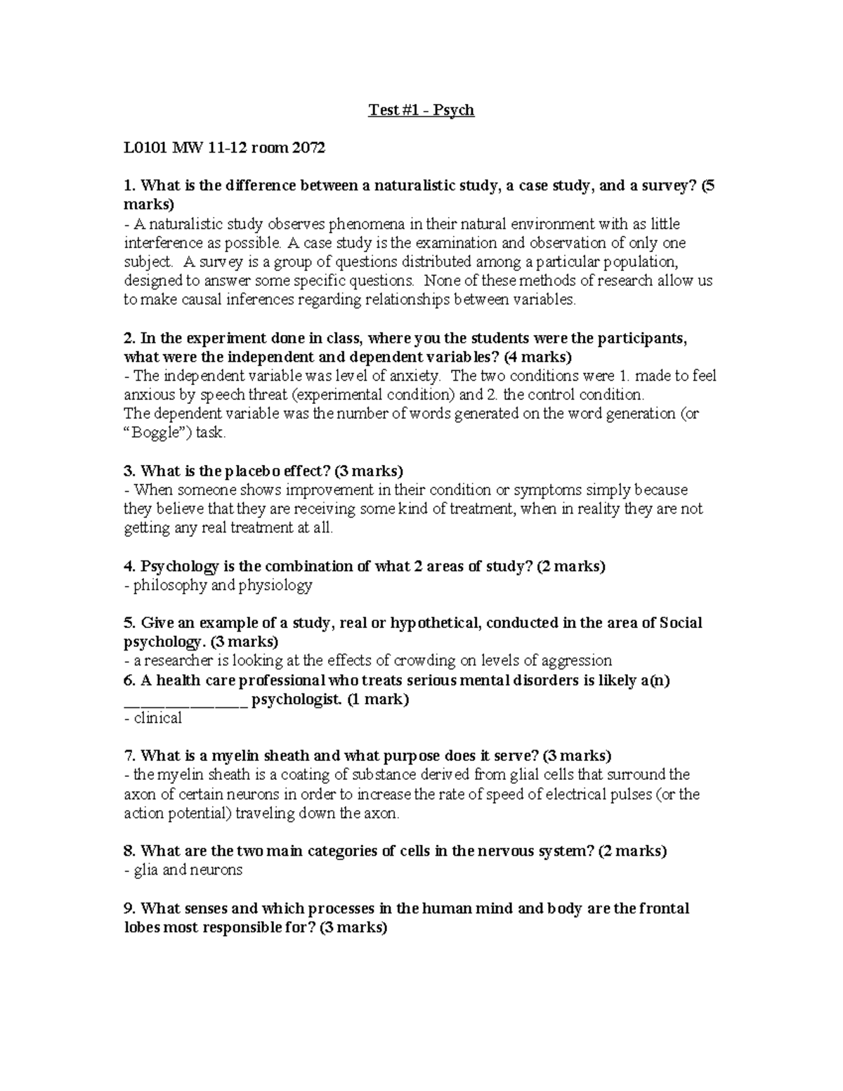Test 1 - PSY100: Key Concepts in Psychology and Research Methods - Studocu