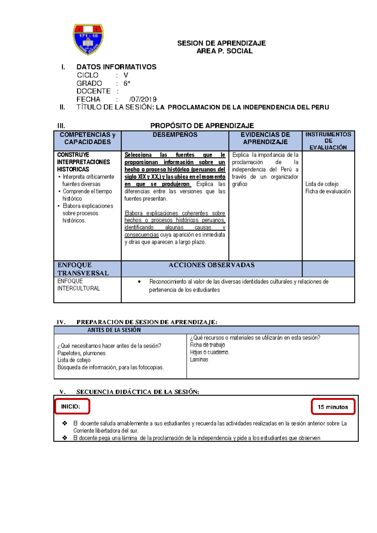 Sesion de Aprendizaje: Proclamación de la Independencia del Perú - Document Preview