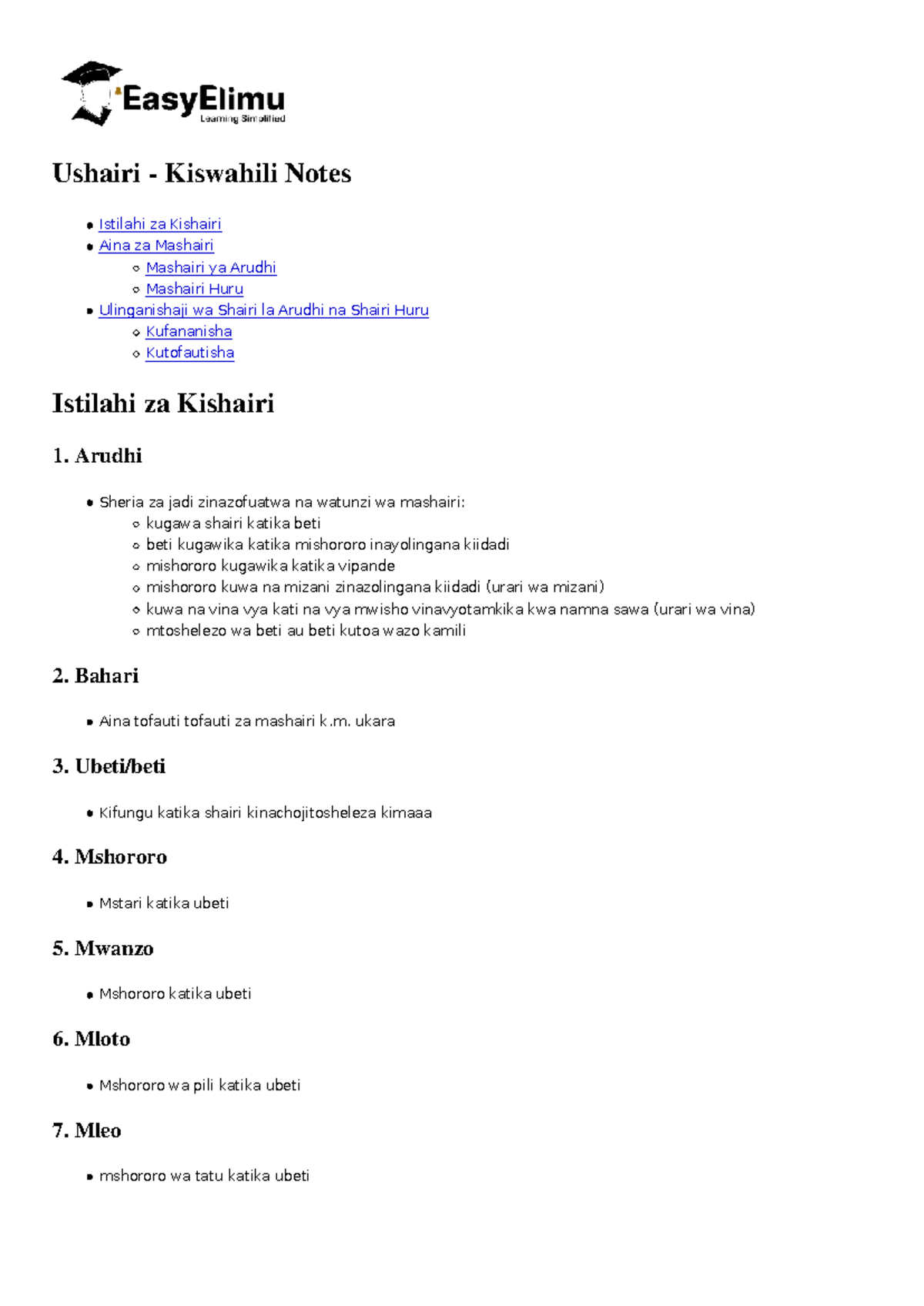 Hs Ushairi - Kiswahili Notes: Istilahi na Aina za Mashairi - Studocu