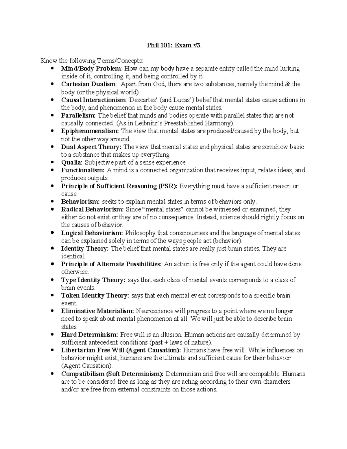 Phil 101: Exam #3 Study Guide on Mind-Body Theories and Concepts - Studocu