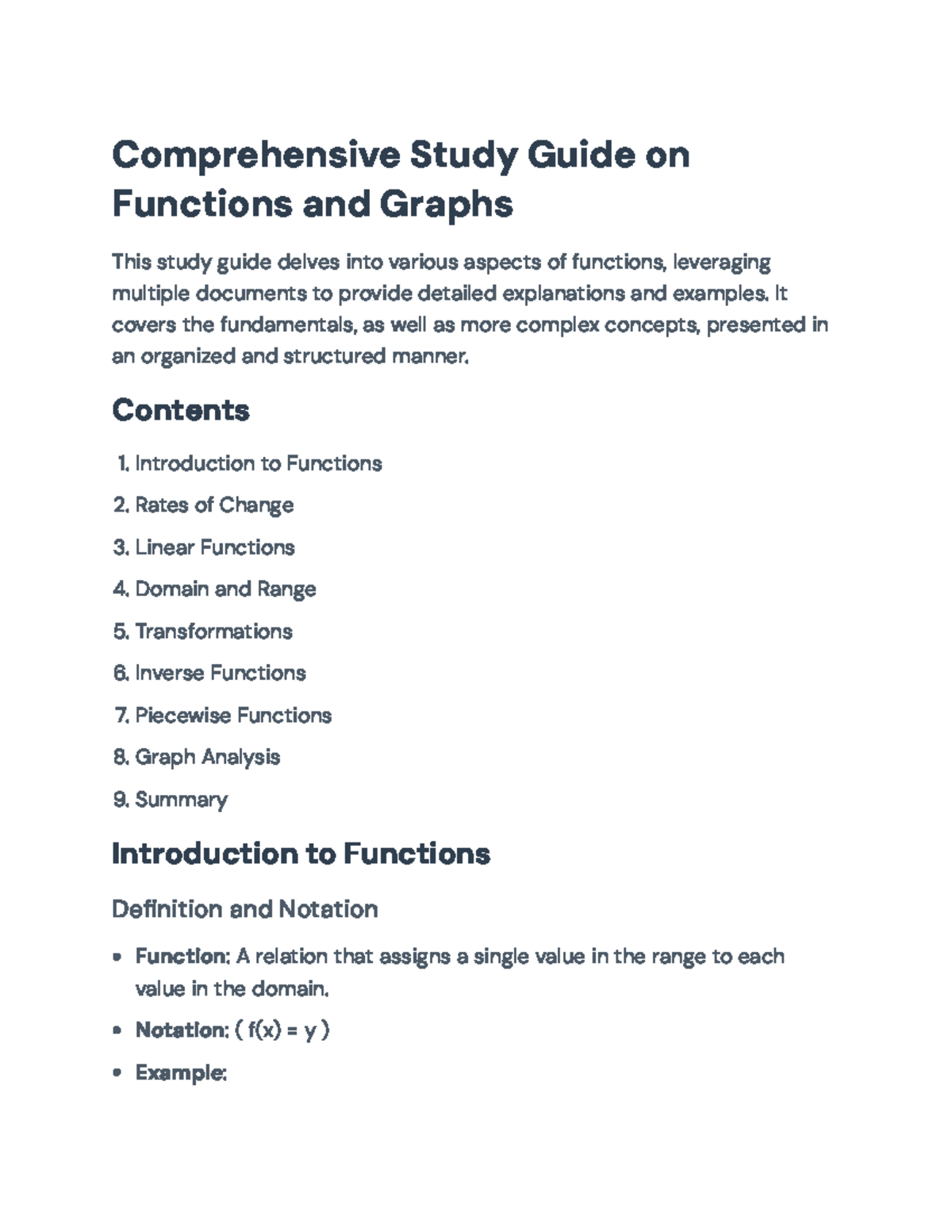 Comprehensive Study Guide on Functions and Graphs (Math 101 ...