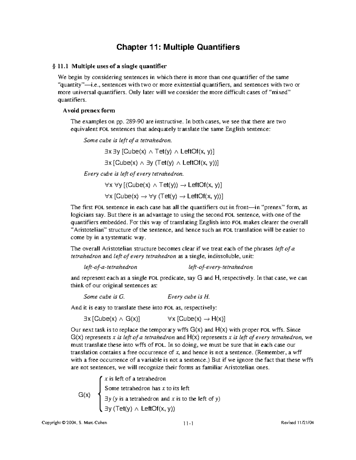 Notes on Chapter 11 - Multiple Quantifiers in FOL Systems - Studocu