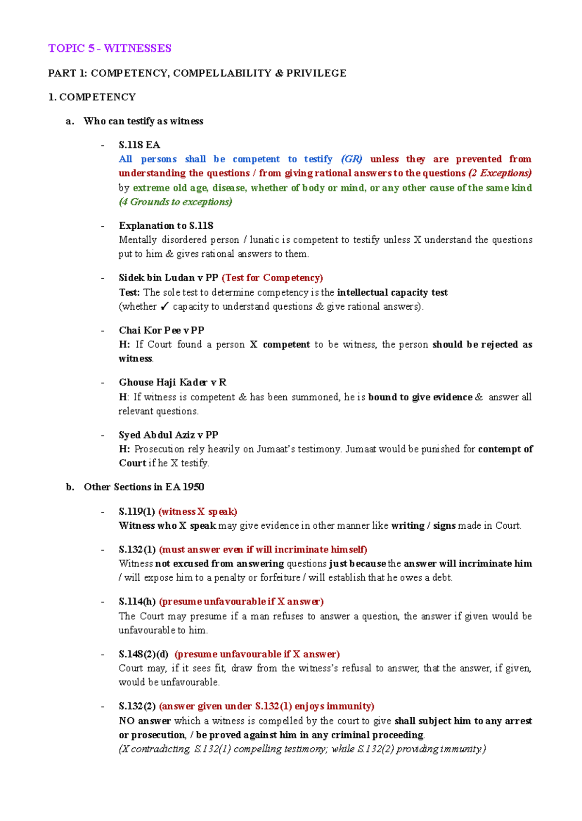Evidence 2 Final Notes: Witness Competency & Privilege Analysis - Studocu