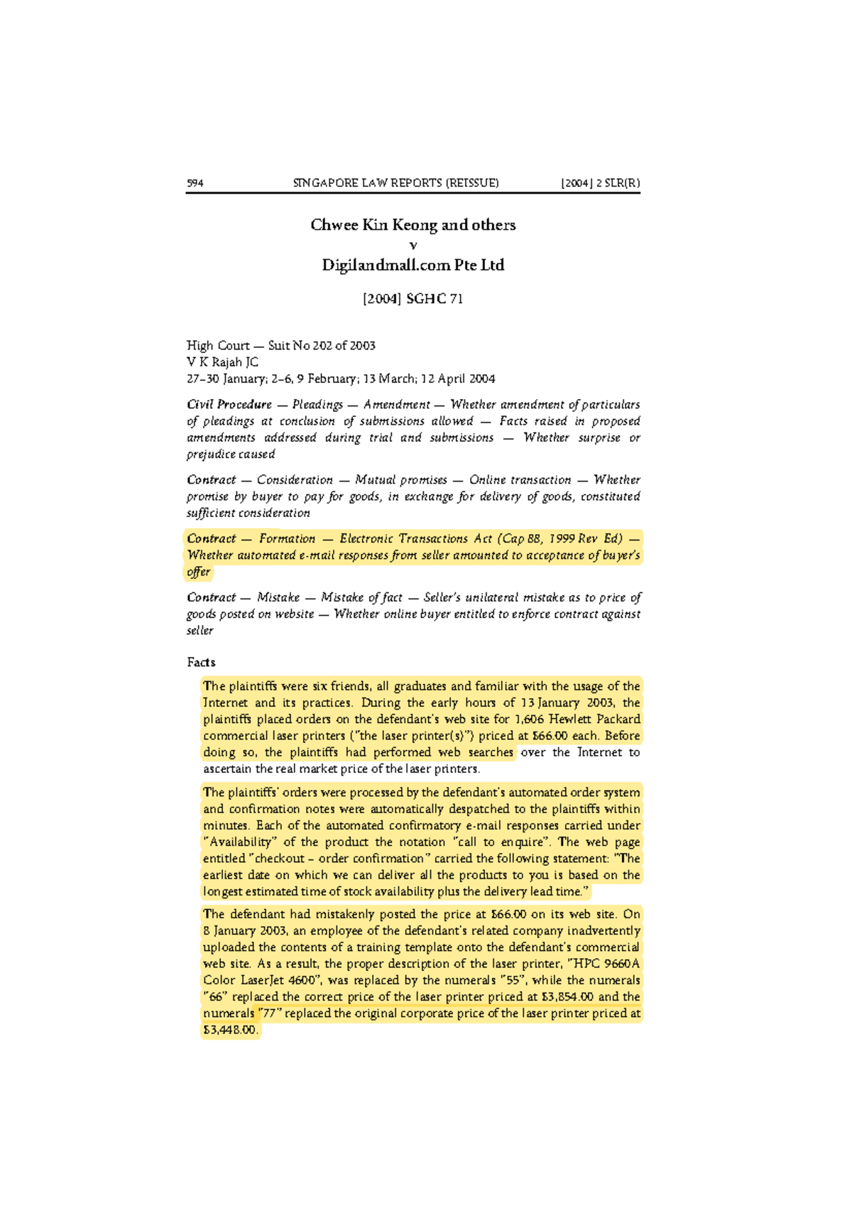 Chwee Kin Keong v Digilandmall Pte Ltd [2004] SLR(R) 594: Offer &  Acceptance Analysis - Studocu