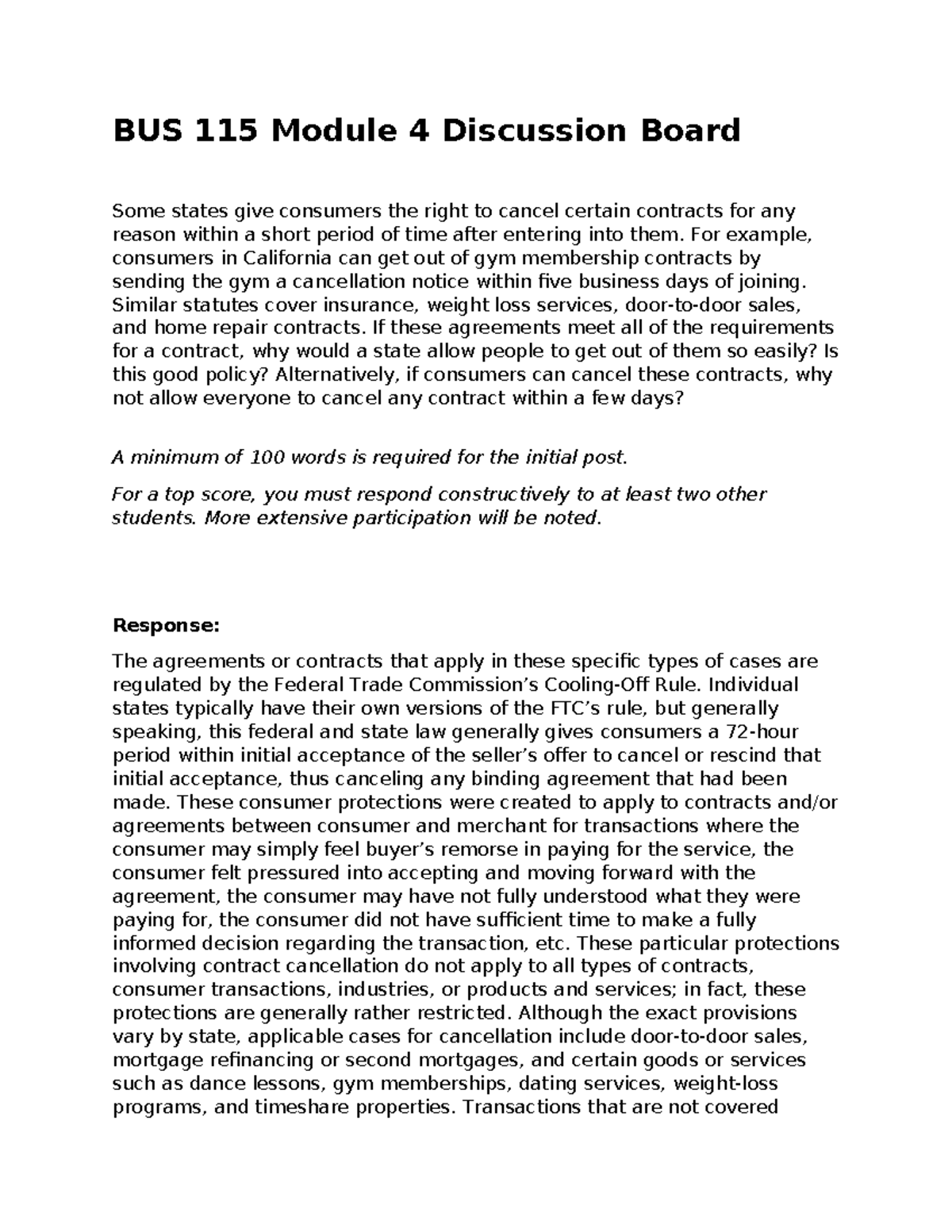 BUS 115 Module 4 DB: Consumer Contract Cancellation Rights Discussion ...