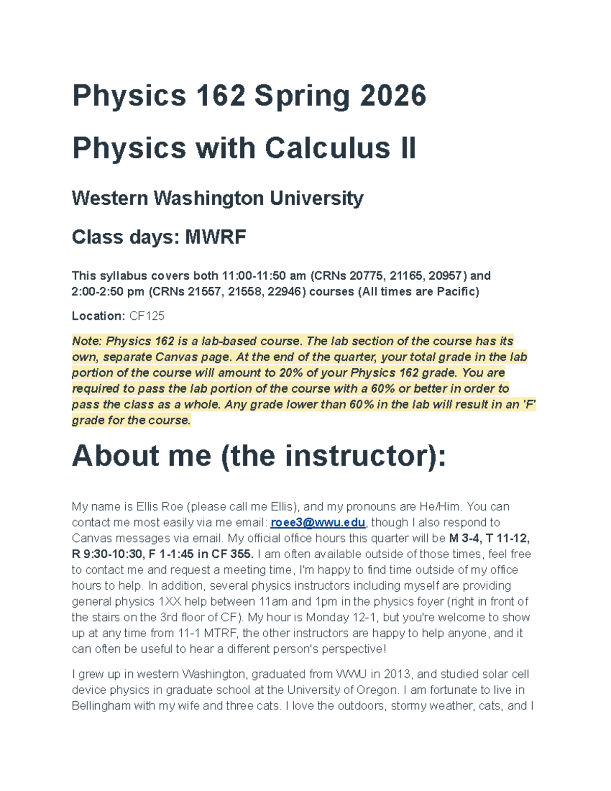 PHYS 162 Syllabus - Physics with Calculus II Spring 2026 - Studocu
