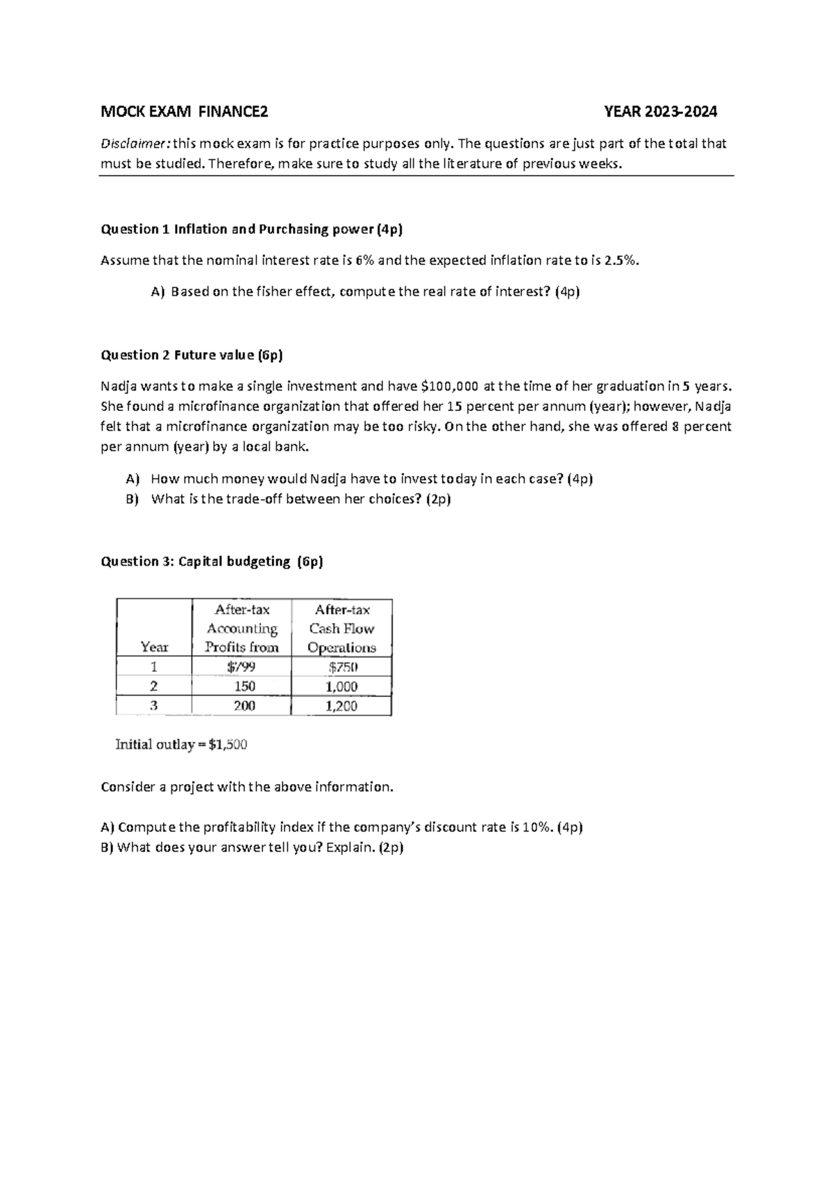 Mock Exam 23 - Finance 2: Practice Questions and Solutions - Studeersnel
