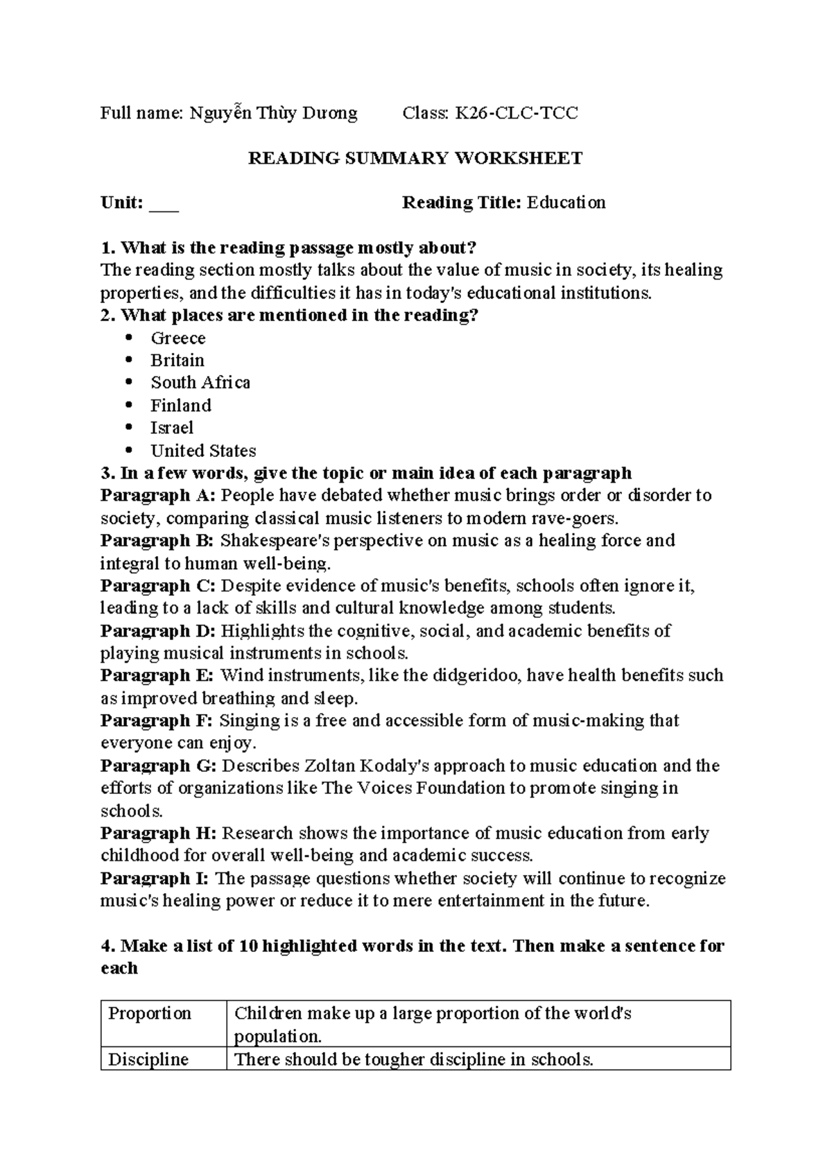 Education READING IELTS - Full name: Nguyễn Thùy Dương Class: K26-CLC ...