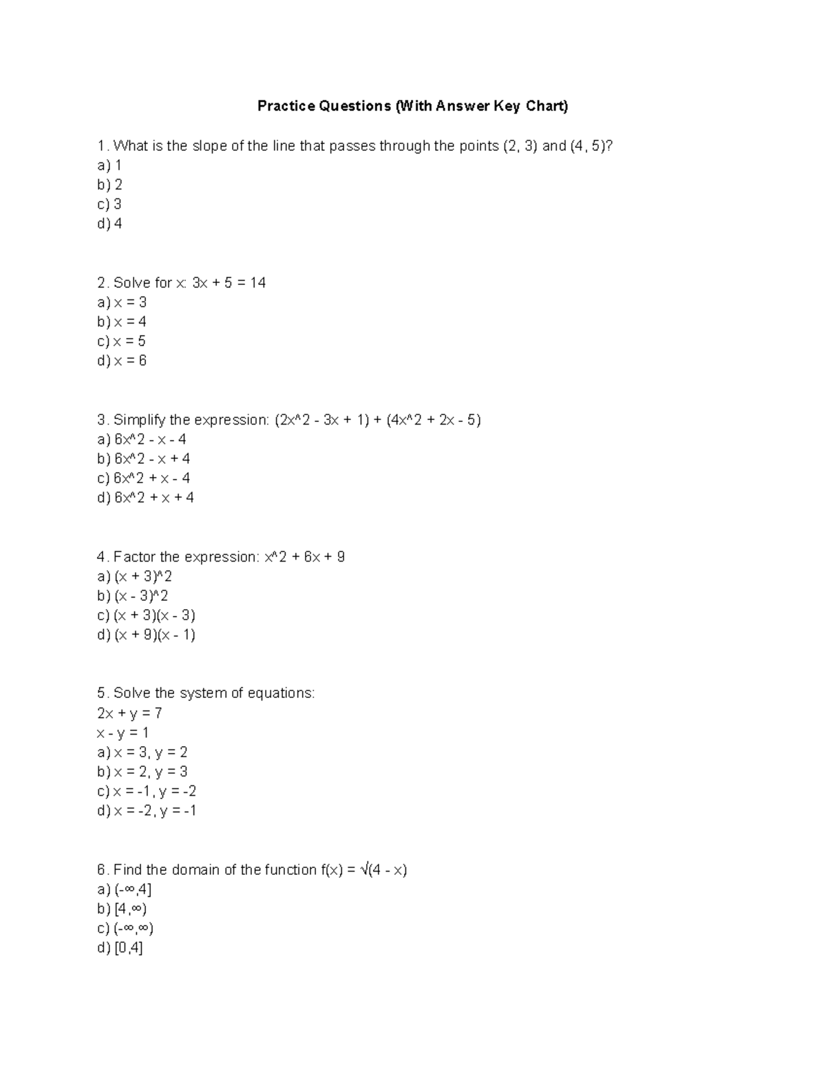 Math Practice Questions & Answer Key Chart for Review - Studocu