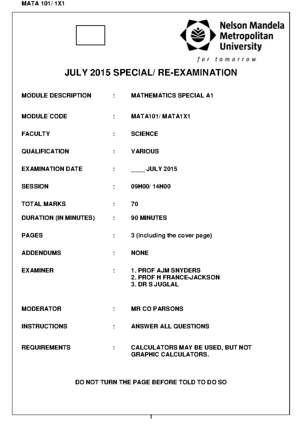 Mathematics Special Test 1 MEMO - Student Number: Initial & Surname ...
