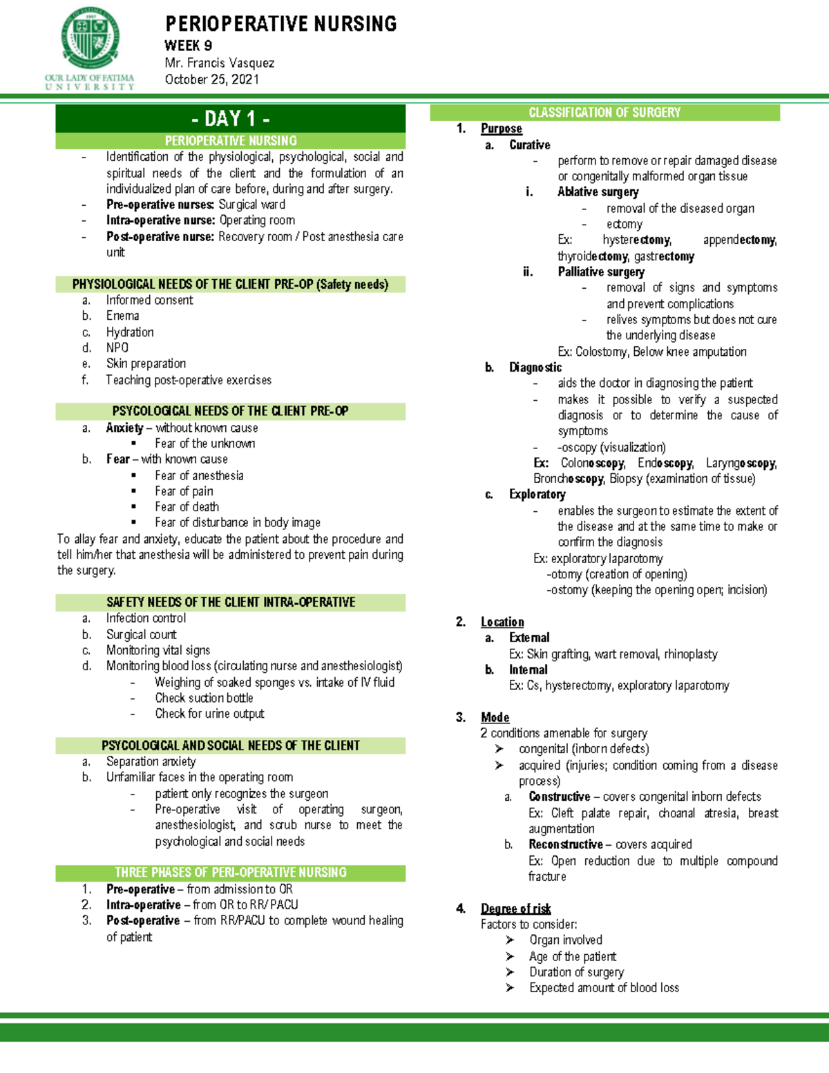 PERIOPERATIVE NURSING WEEK 9: Comprehensive Care for Surgical Patients ...