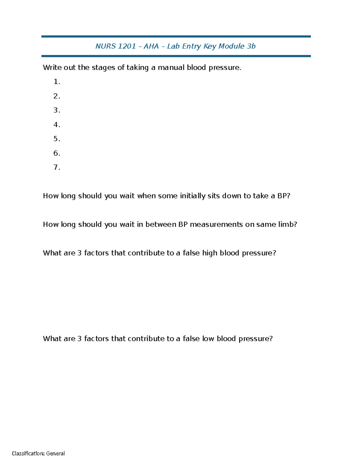 Lab Entry Key - Module 3b1 copy - NURS1201 - NURS 1201 – AHA – Lab ...