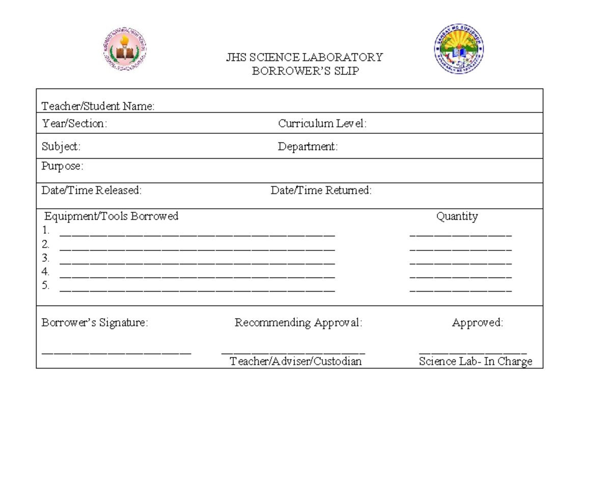 Borrower-s-slip Science LAB - JHS SCIENCE LABORATORY BORROWER’S SLIP ...