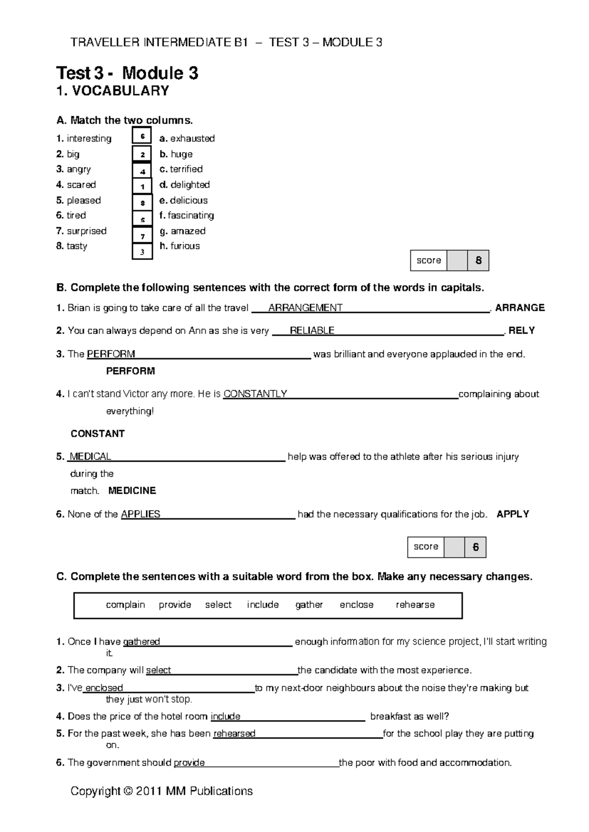 TRAVELLER INTERMEDIATE B1 TEST 3 MODULE 3 - Vocabulary & Grammar - Studocu