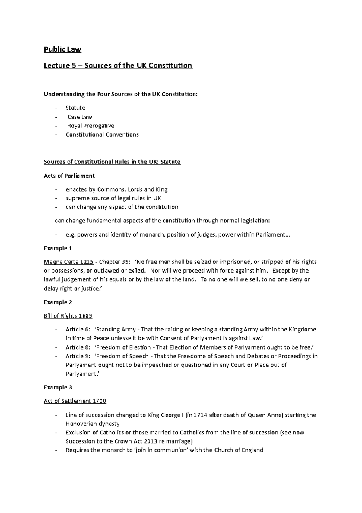 Lecture 5 – Sources of the UK Constitution - Public Law Lecture 5 ...