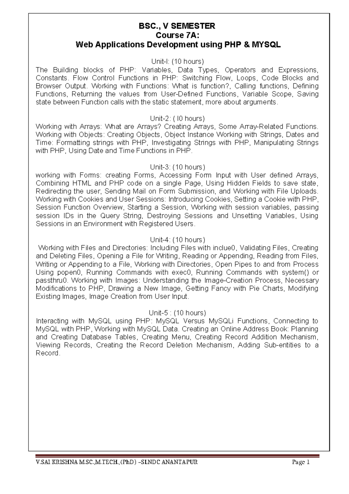 BSC V SEMESTER Course 7A: PHP & MySQL Web App Development Notes - Studocu