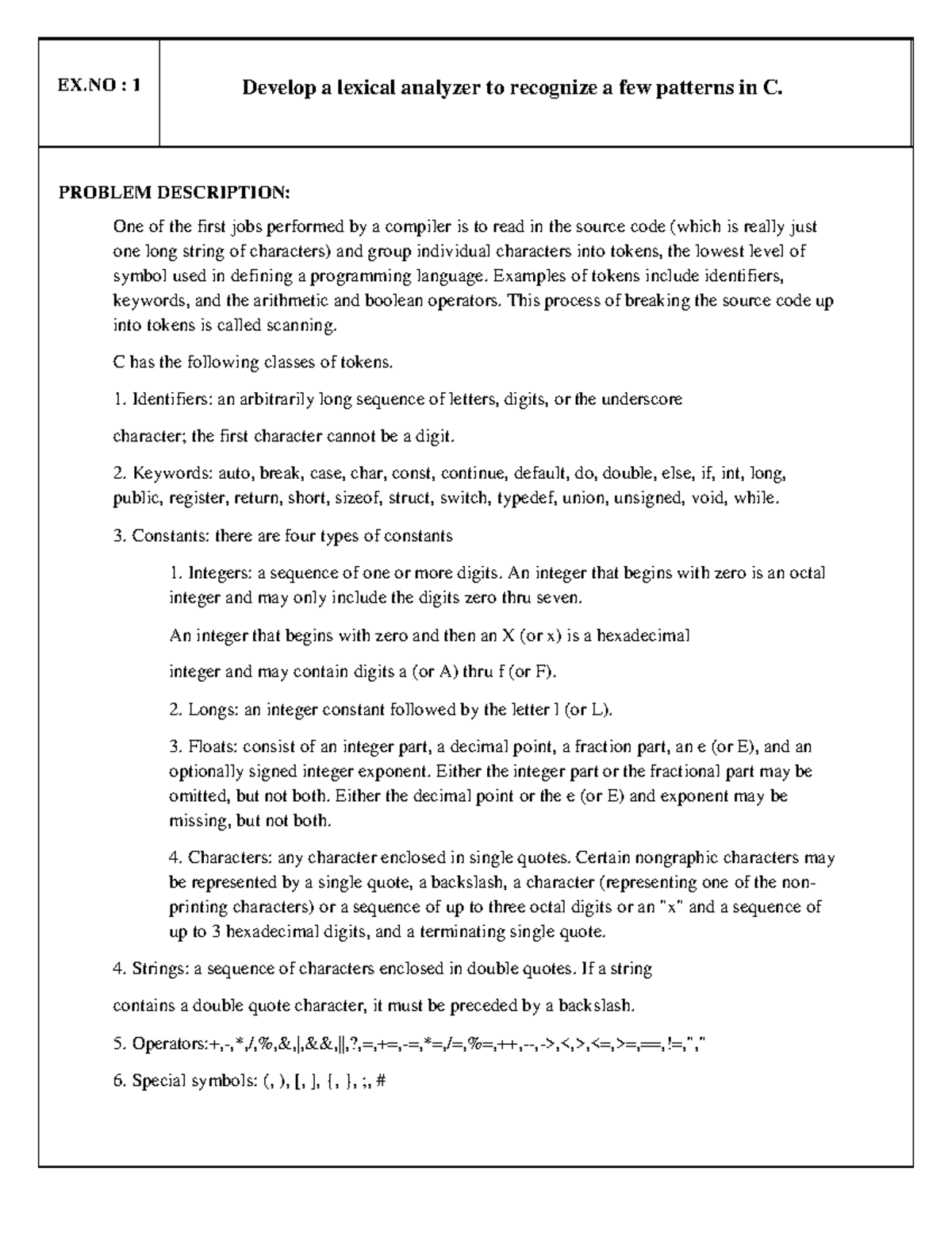 Pcd1 - Final exam: Developing a lexical analyzer for C patterns - Studocu