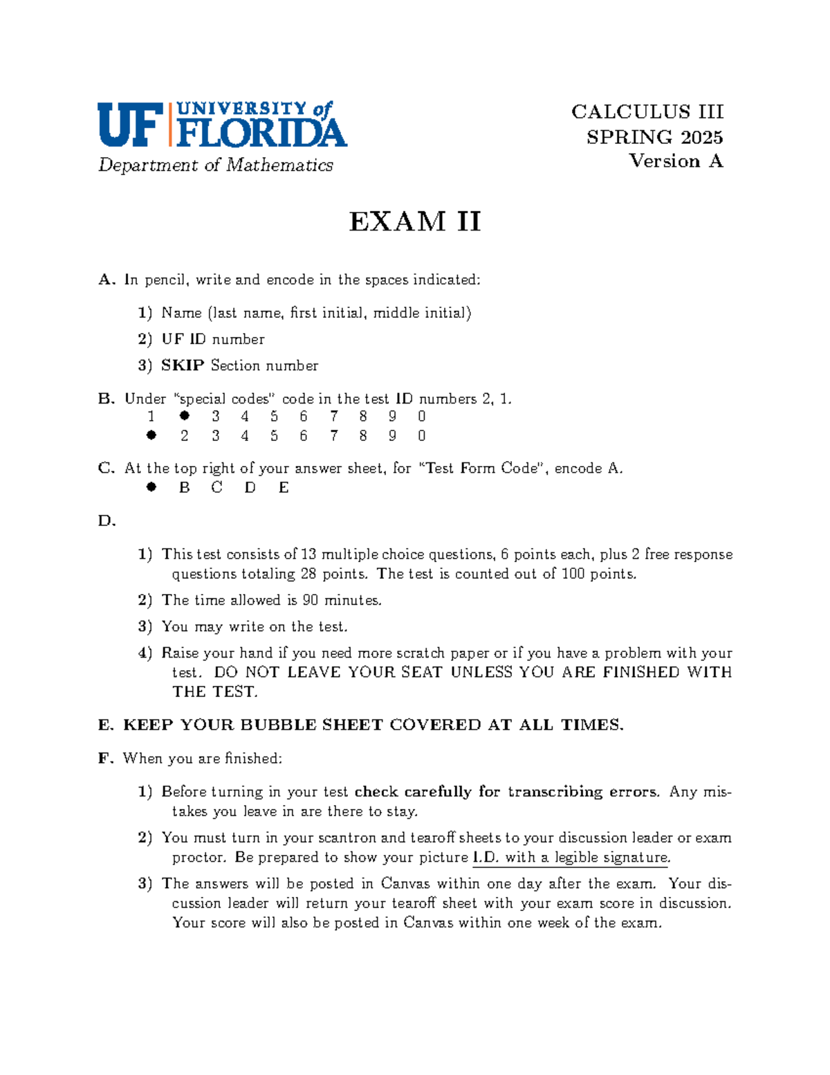 MAC 2313 Spring 2025 Exam II Version A Guidelines and Questions - Studocu