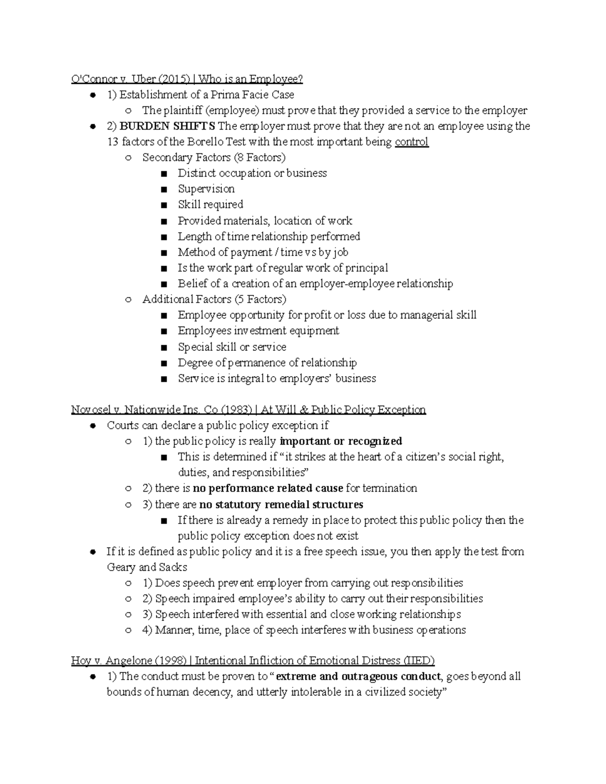 Labor Law Final Study Guide: Employee Status & Discrimination Cases ...