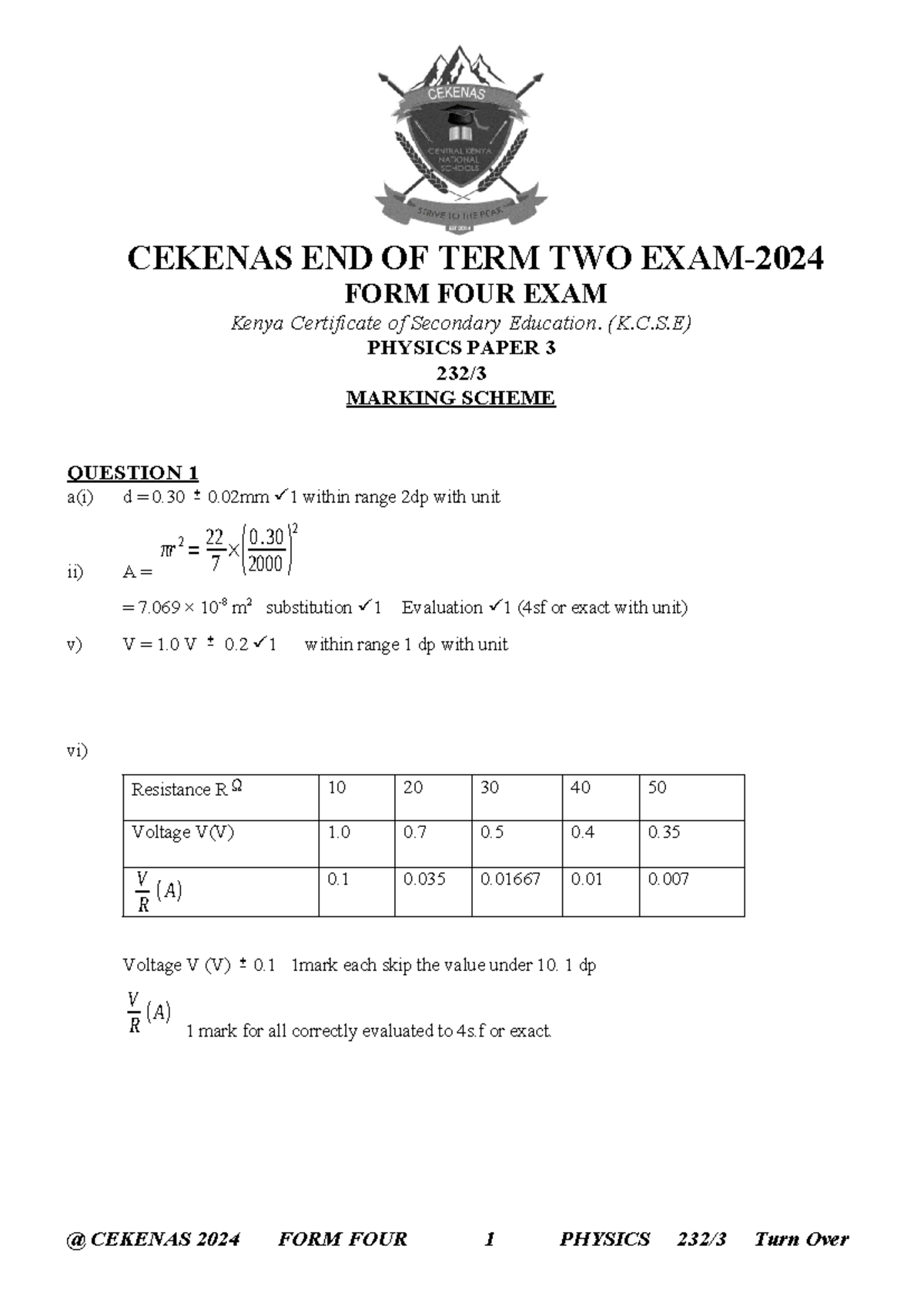 Physics 232 Paper 3 Answers - K.C.S.E End of Term Exam - Studocu