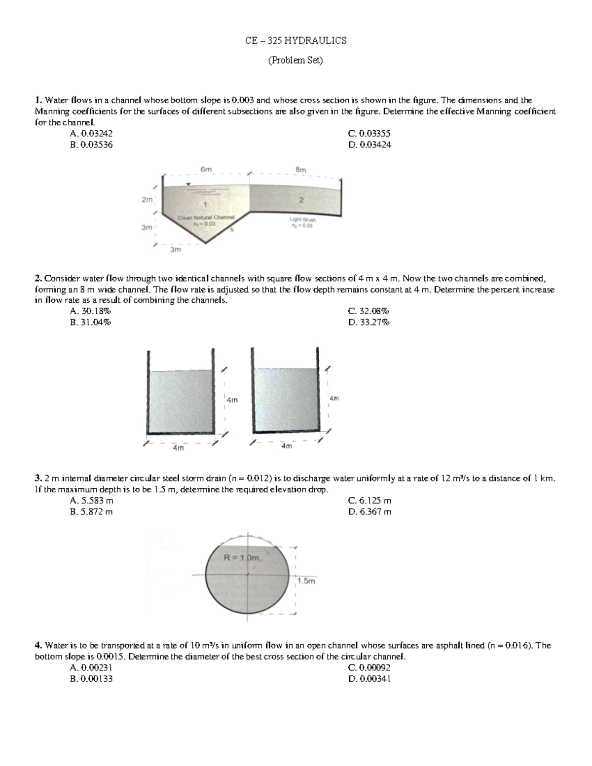 CE 325 Hydraulics Problem Set 1: Flow Calculations and Analysis - Studocu