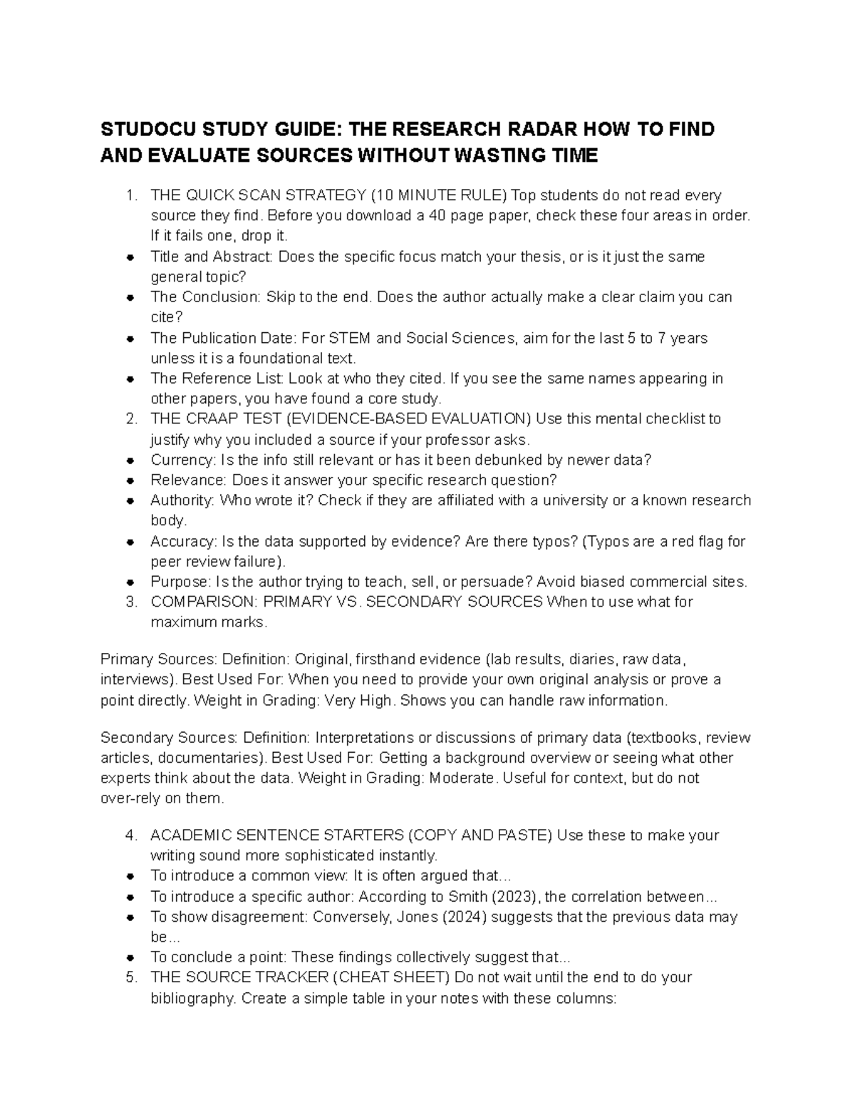 STUDOCU STUDY GUIDE: RESEARCH RADAR & SOURCE EVALUATION STRATEGIES ...