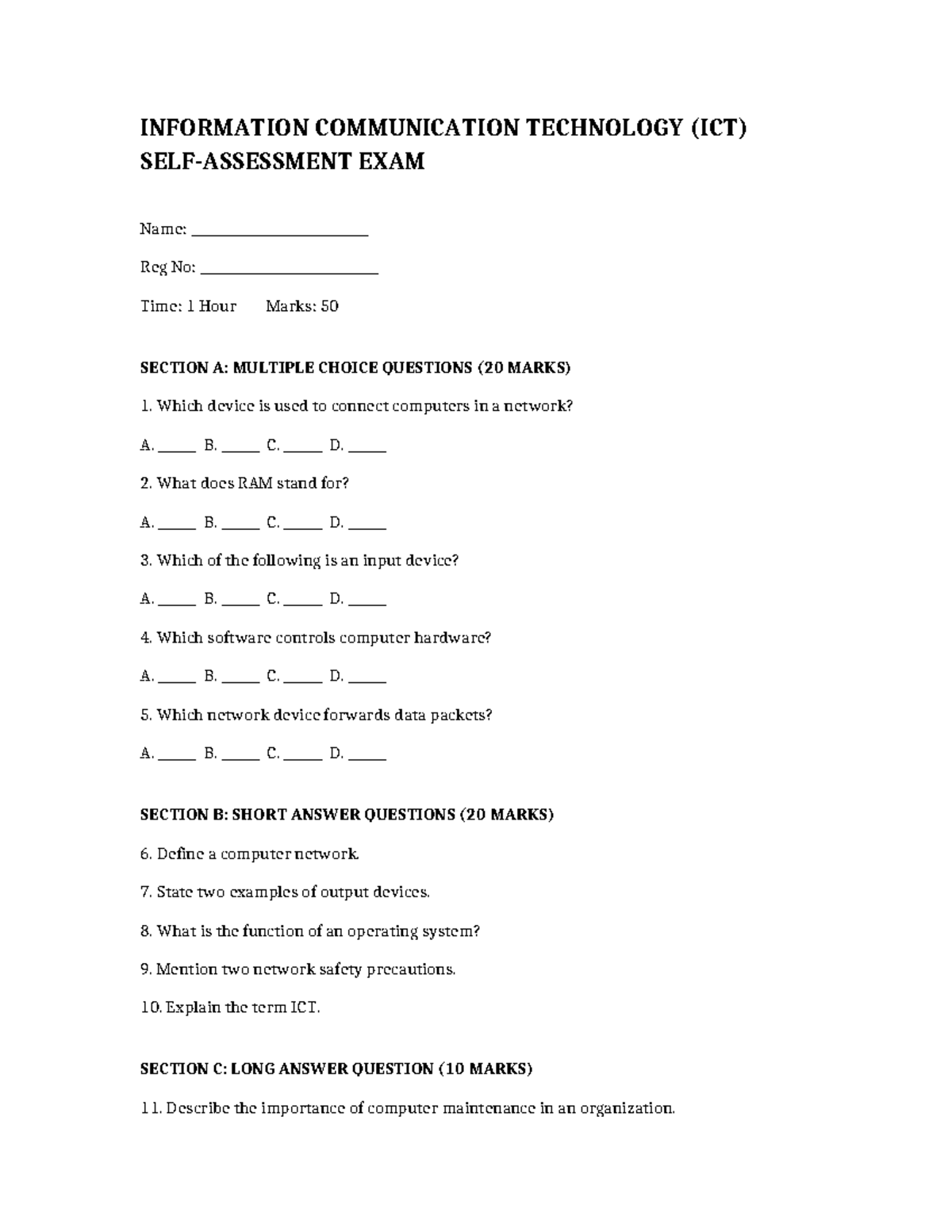 ICT Self Test Exam - Information Communication Technology (ICT) - Studocu