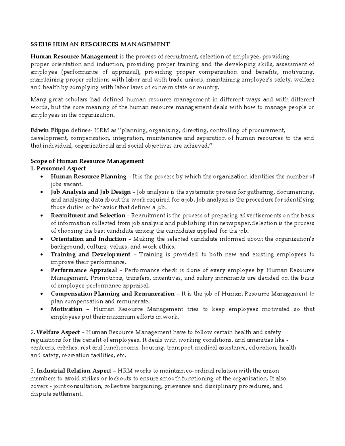 SSE118 Human Resource Management: Key Concepts and Importance - Studocu
