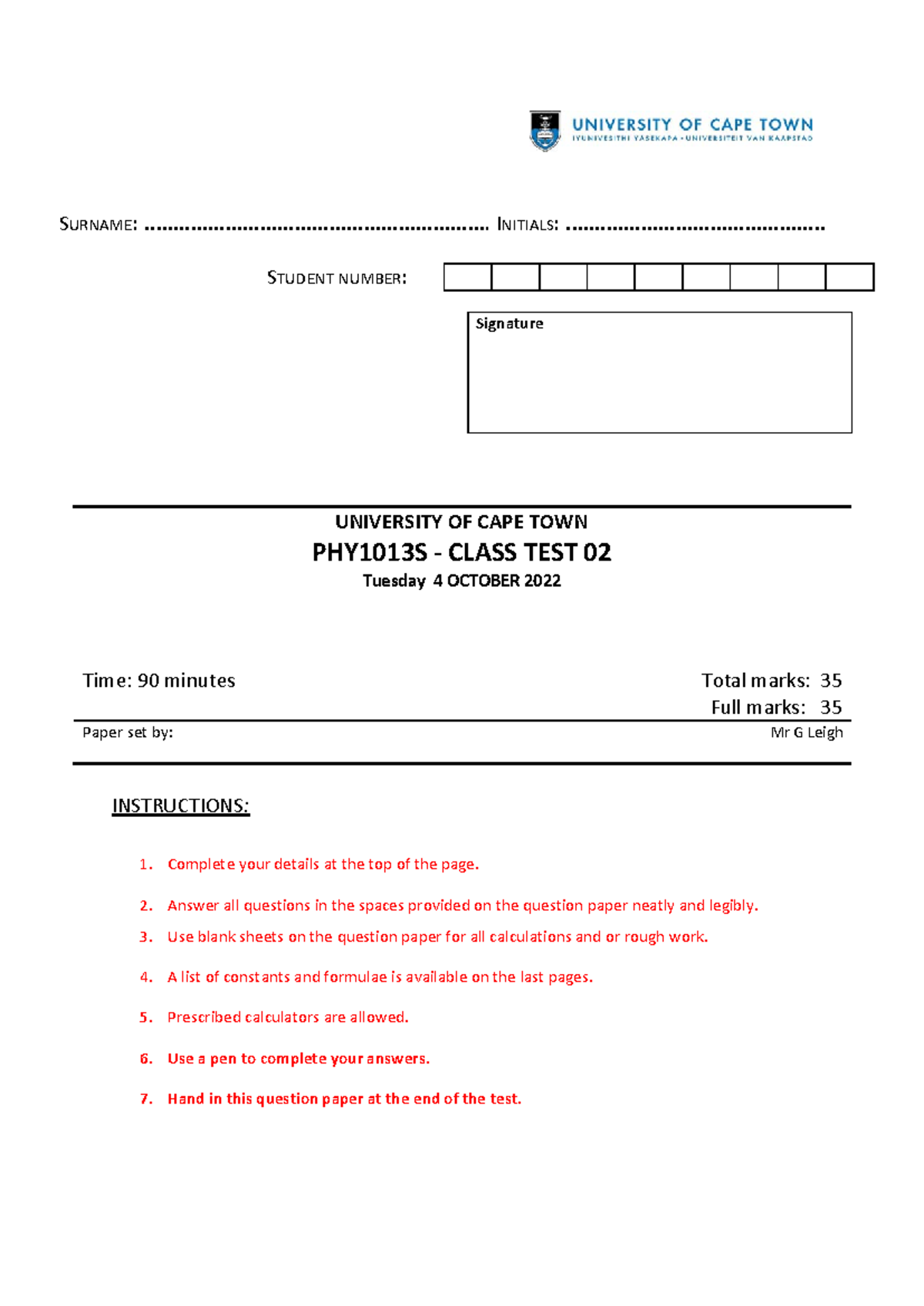 1013S Class Test 2 Model Solutions - October 2022 - Studocu