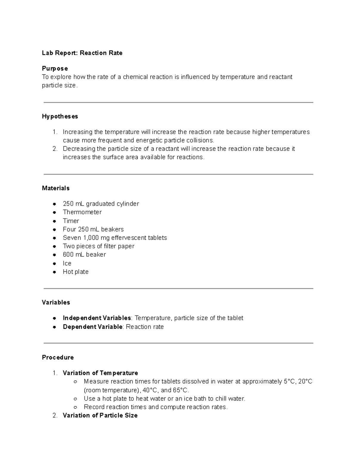 Lab Report Reaction Rate (2) - Lab Report: Reaction Rate Purpose To ...