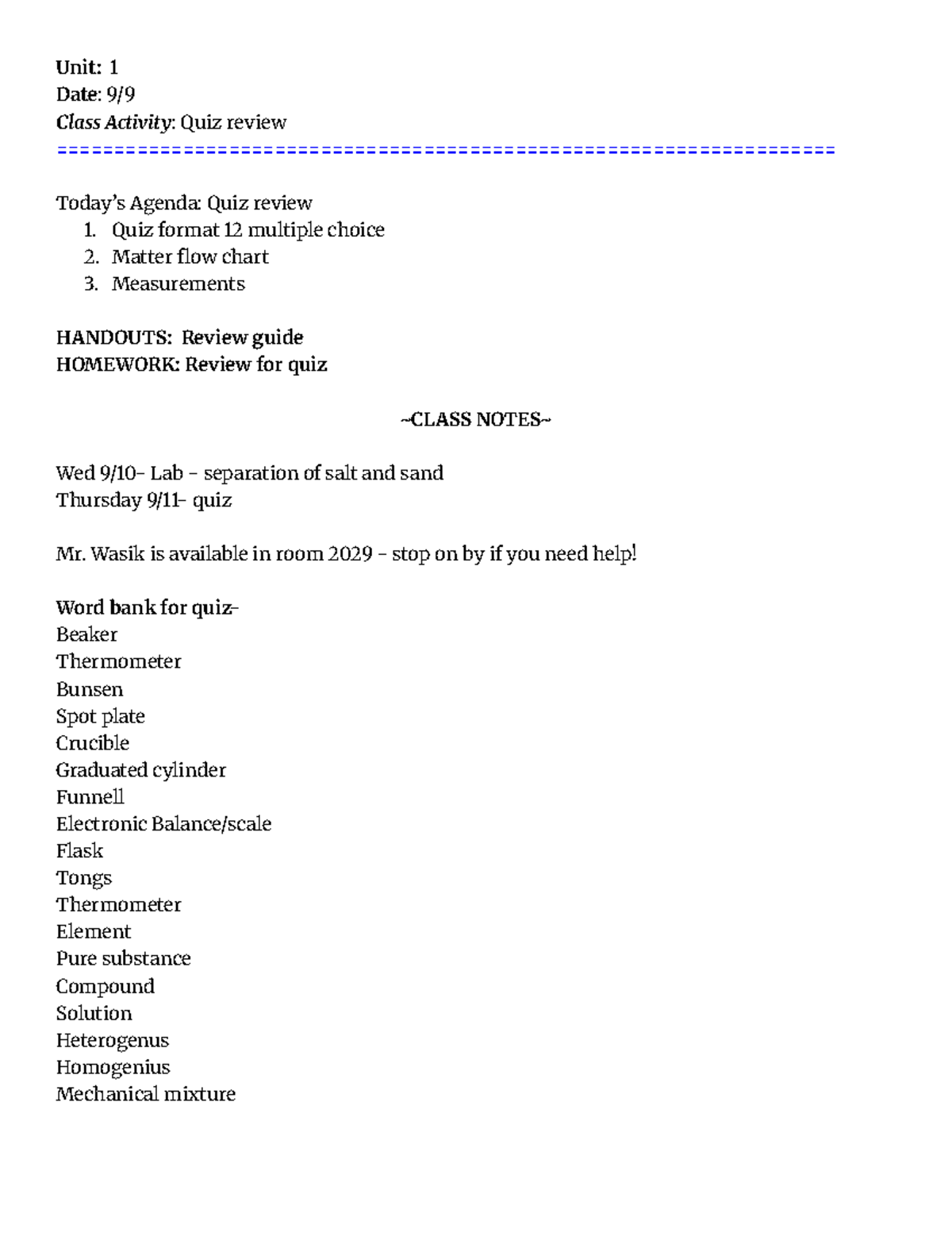 Quiz Review Notes and Study Guide - Class Activity 9/9 (Sci 101) - Unit ...