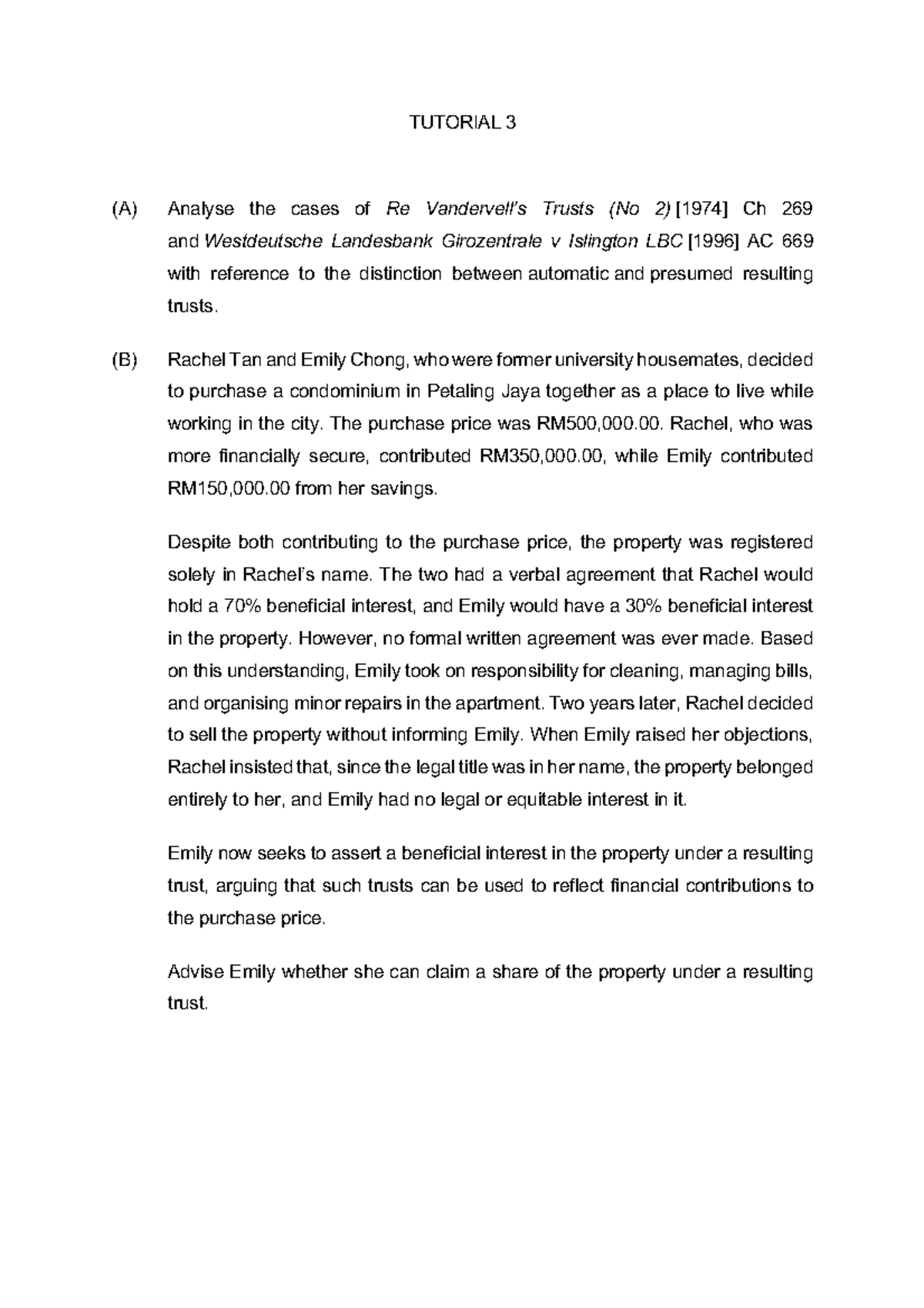 Tutorial 3: Resulting Trusts in Property Disputes - Case Analysis - Studocu