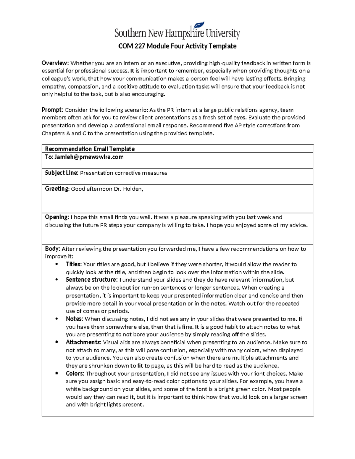 COM 227 Assignment: Professional Email Template for Feedback - Studocu
