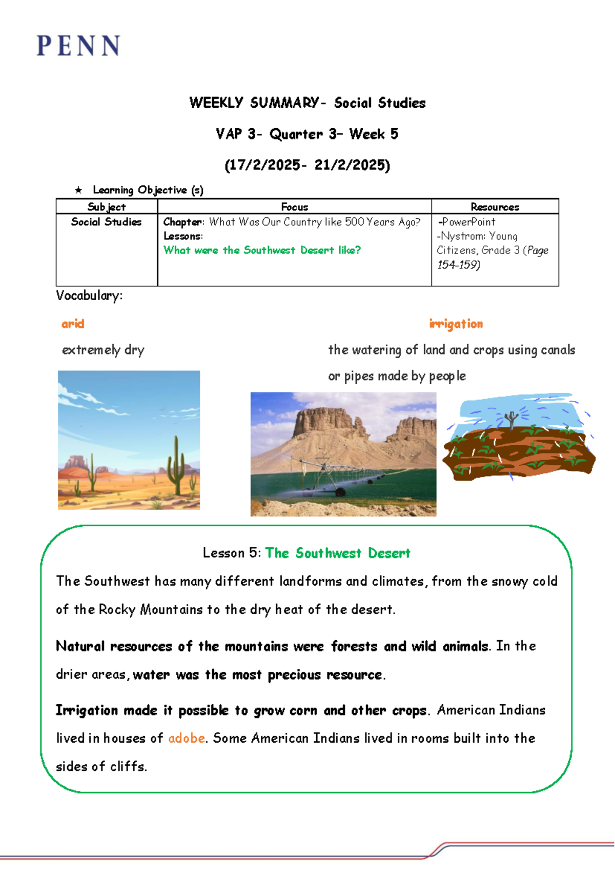 Social Studies 3 Q3W5 Weekly Summary: The Southwest Desert - Studocu